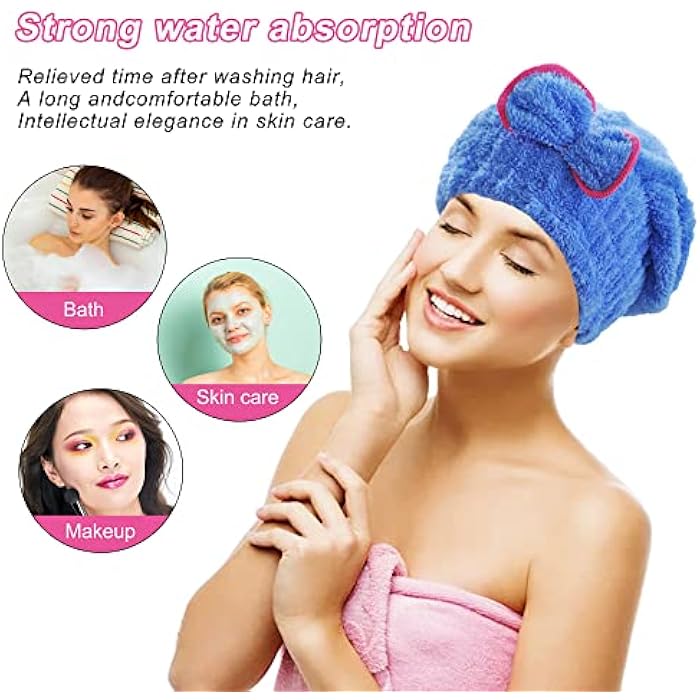YMIFEEY 2 Pcs Microfibre Hair Towel Drying Towel Wrap Super Absorbent Quick Drying Hair Towel Hair Turbans for Wet Hair Elastic Shower Caps Dry Hair Cap with Bow for Women Girl Long Short Thick Hair - Image 4